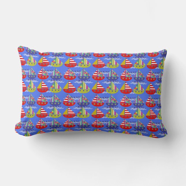 Colourful Sailboats Nautical Style Pillow, Coastal Lumbar Cushion (Front)