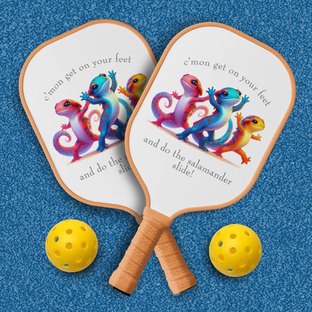 Colourful Salamanders do the Salamander Slide Pickleball Paddle (Dancing Salamanders Pickleball Paddle (Back and Front) Cover Photo)