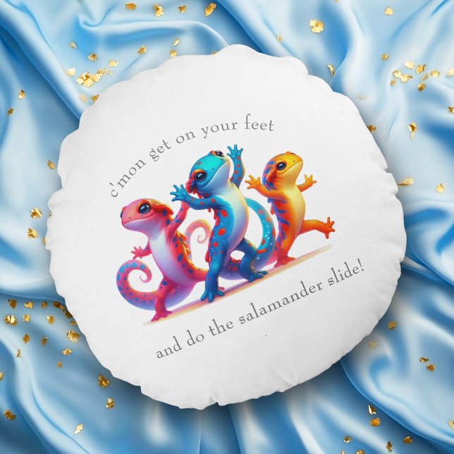 Colourful Salamanders do the Salamander Slide Round Cushion (Dancing Salamanders Round Pillow Cover Photo)