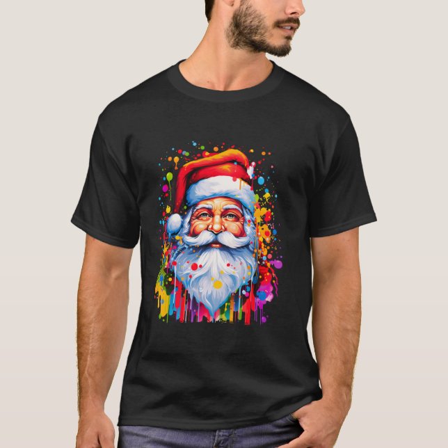 Colourful Santa Claus Paint Splatter Christmas Tre T-Shirt (Front)