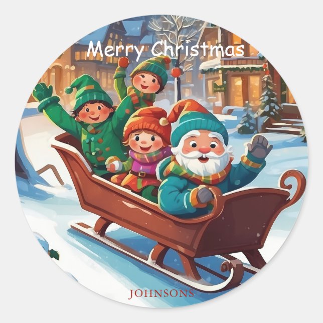 Colourful Santa’s Helpers Christmas Illustration  Classic Round Sticker (Front)