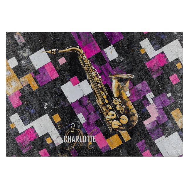 Colourful Saxophone pattern monogram name Cutting Board (Front)