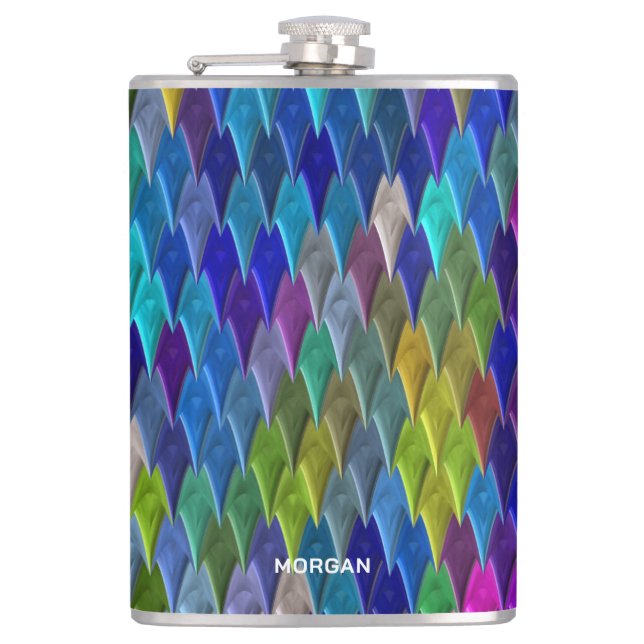 Colourful Scales Pattern With Name Hip Flask (Front)