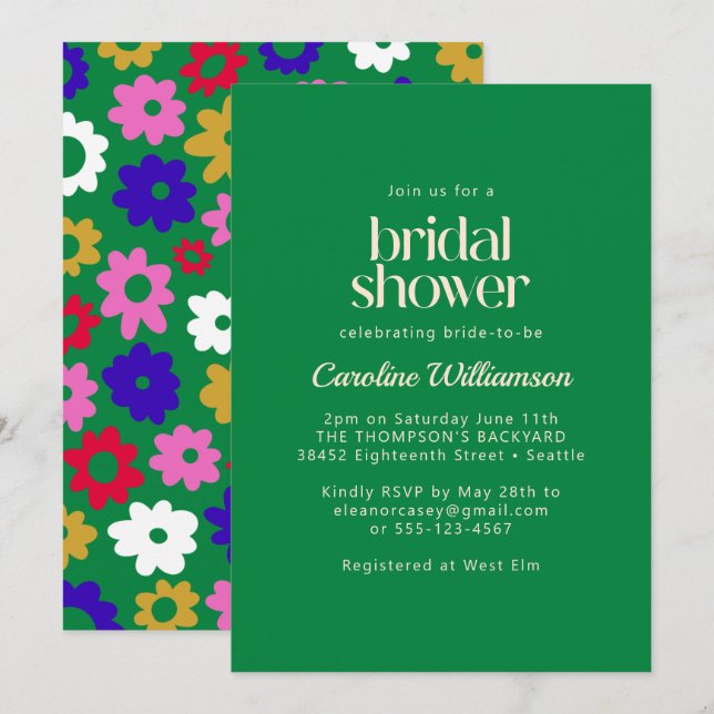 Colourful Scandinavian Flower Green Bridal Shower Invitation (Front/Back)