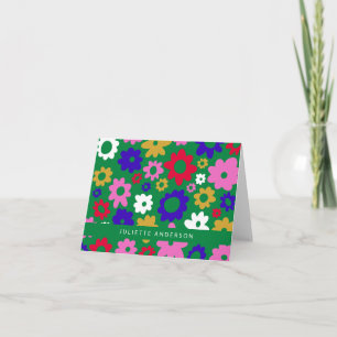 Colourful Scandinavian Flowers Green Personalised Note Card