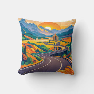 Colourful Scenic travel adventures on winding road Cushion