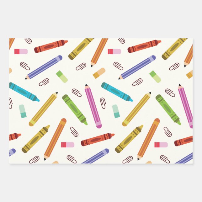 Colourful School Crayons and Pencils  Pattern  Wrapping Paper Sheet (Front)