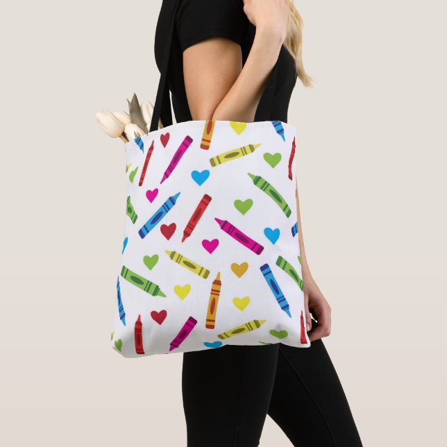 Colourful School Crayons Pattern with Hearts  Tote Bag (Close Up)