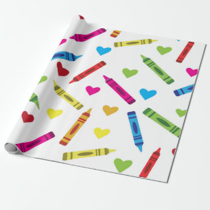Colourful School Crayons Pattern with Hearts  Wrapping Paper