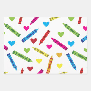 Colourful School Crayons Pattern with Hearts  Wrapping Paper Sheet