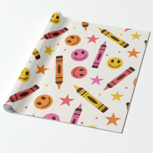 Colourful School Crayons with Happy Faces Pattern  Wrapping Paper