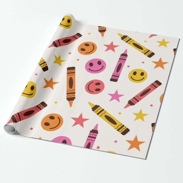 Colourful School Crayons with Happy Faces Pattern  Wrapping Paper (Unrolled)