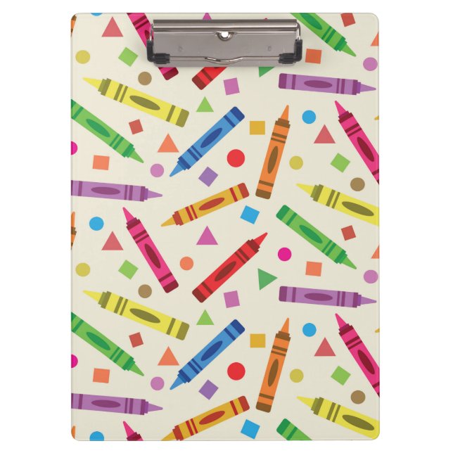Colourful School Crayons with Shapes Pattern Clipboard (Front)