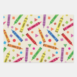 Colourful School Crayons with Shapes Pattern Wrapping Paper Sheet