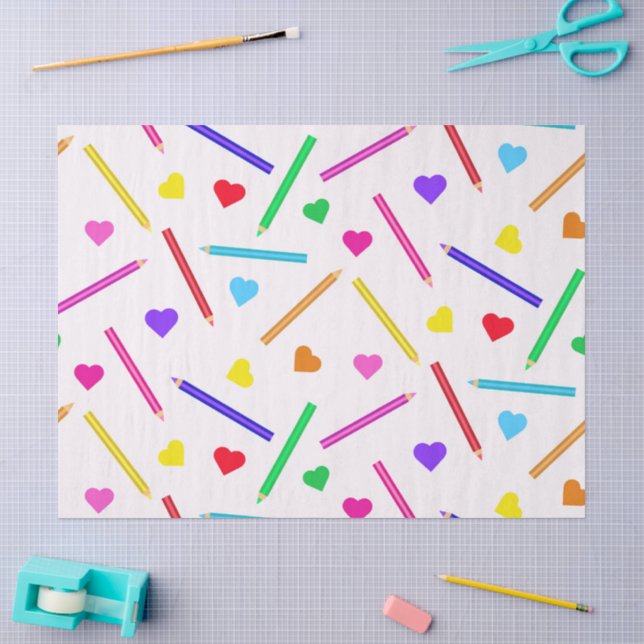 Colourful School pencils Pattern with little heart Tissue Paper (Craft)