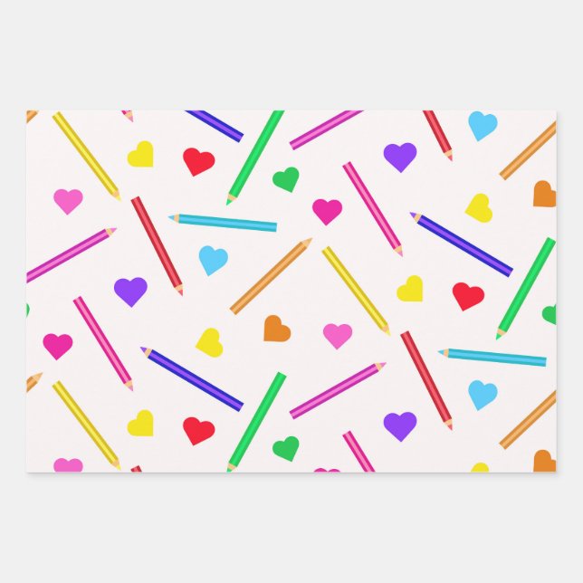 Colourful School pencils Pattern with little heart Wrapping Paper Sheet (Front)