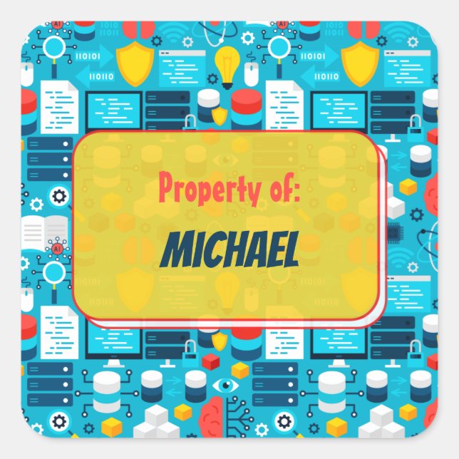 Colourful School Sceince Pattern Personalised Square Sticker (Front)