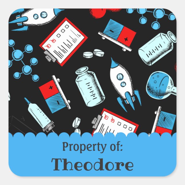 Colourful School Science Pattern Personalised Square Sticker (Front)