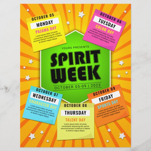 Colourful School Spirit Week Event Calendar Flyer (Front)
