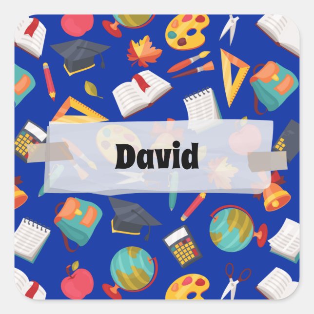 Colourful School Supplies Pattern Personalised  Square Sticker (Front)