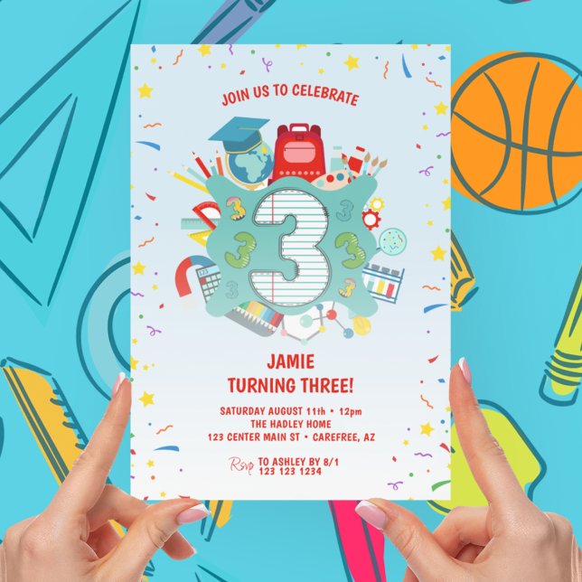 Colourful School Themed 3rd Birthday Party Invitation (Creator Uploaded)
