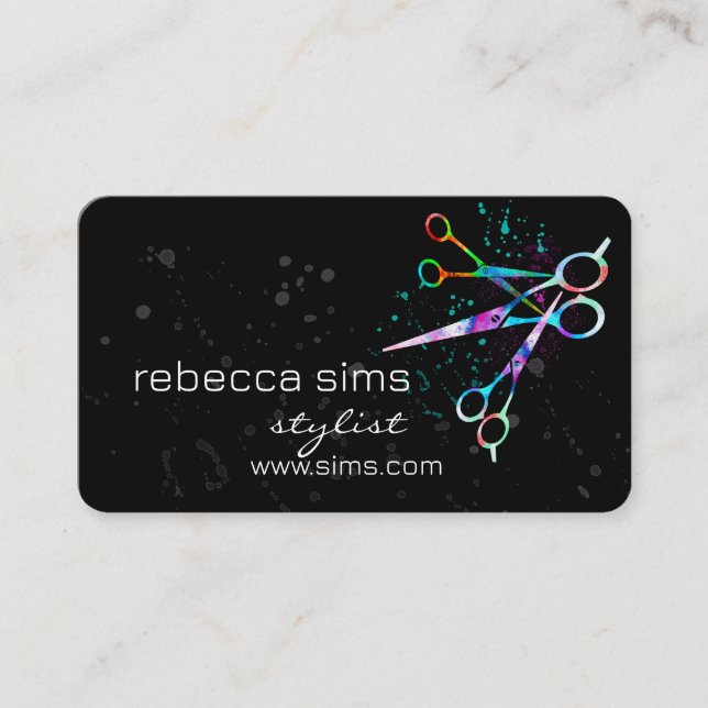 colourful scissors on black and teal modern bold  business card (Front)
