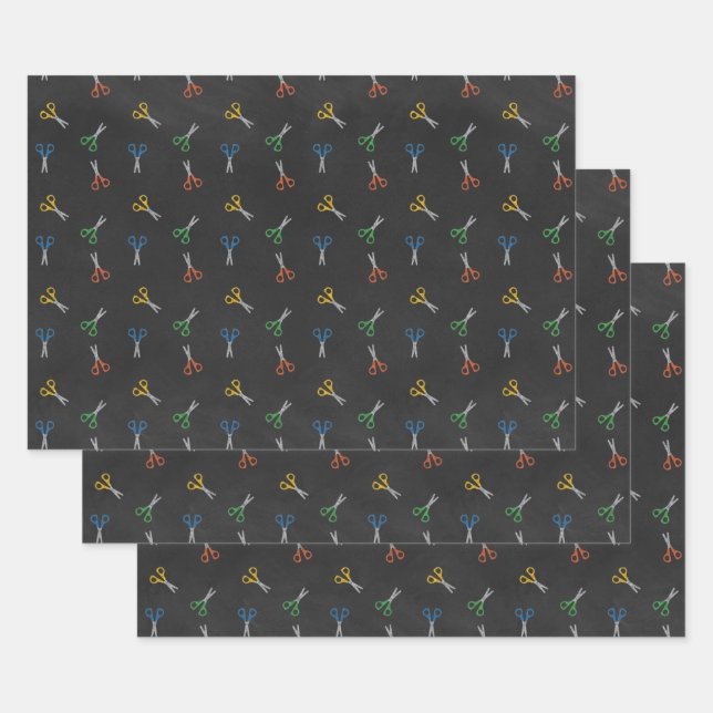 Colourful Scissors on Chalkboard Wrapping Paper Sheet (Set)