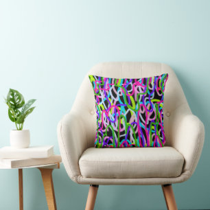 Colourful Scribble Art on Black  Cushion