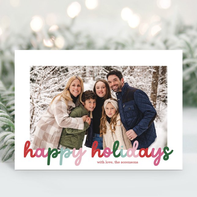 Colourful Script Calligraphy Two Photo Happy  Holiday Card (Creator Uploaded)
