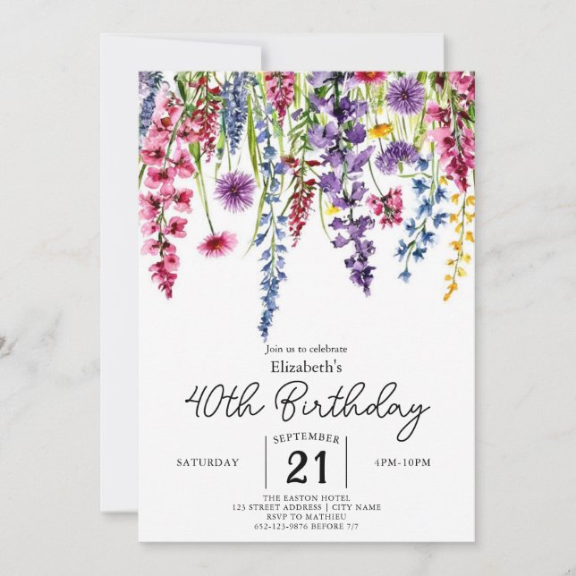 Colourful Script Wildflowers 40th birthday Invitation (Front)