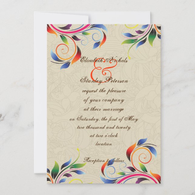 Colourful scroll leaf on beige wedding invitation (Front)