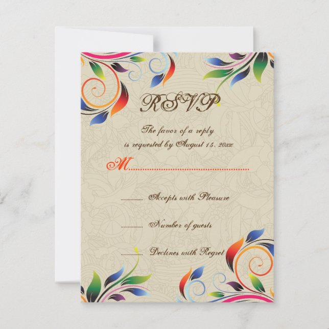 Colourful scroll leaf on beige wedding RSVP card (Front)