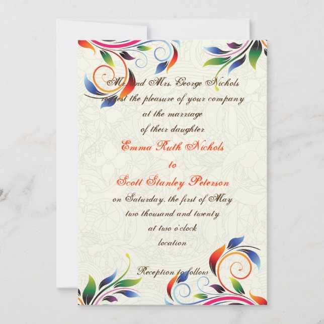 Colourful scroll leaf on ecru wedding invitation (Front)
