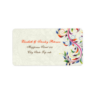 Colourful scroll leaf on ecru wedding label