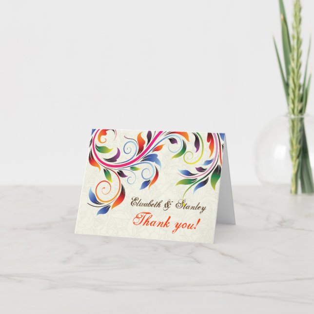 Colourful scroll leaf on ecru wedding Thank You Card (Front)