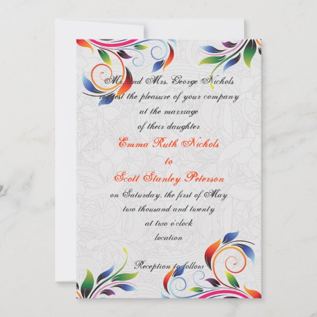 Colourful scroll leaf on grey wedding invitation (Front)