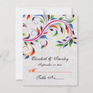 Colourful scroll leaf on grey wedding place card