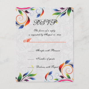Colourful scroll leaf on grey wedding RSVP card