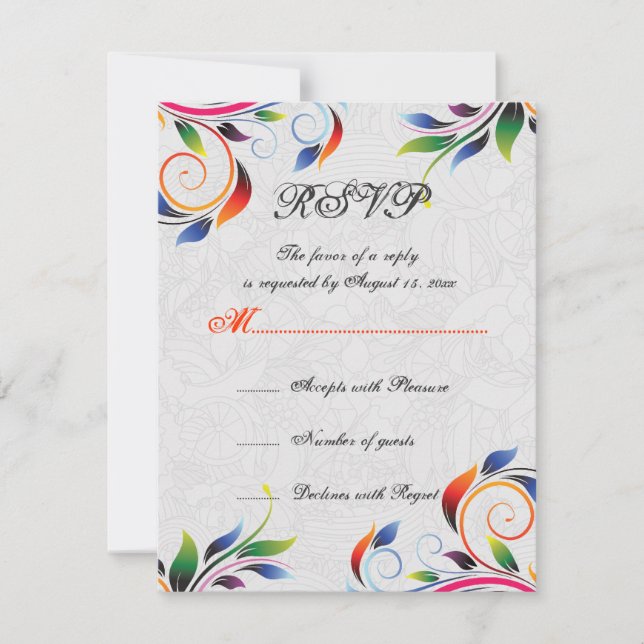 Colourful scroll leaf on grey wedding RSVP card (Front)