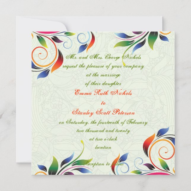 Colourful scroll leaf, pale lime wedding invitatio invitation (Front)