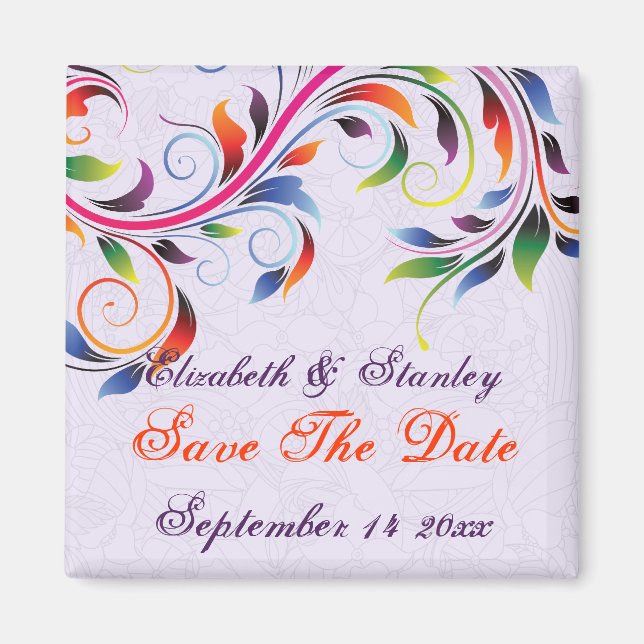 Colourful scroll leaf purple wedding Save the Date Magnet (Front)