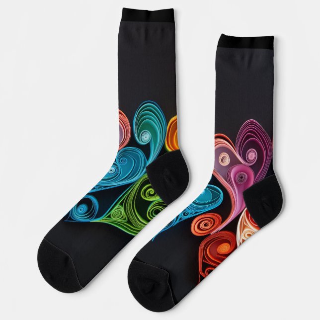 Colourful scrollwork hearts on black socks (Left)