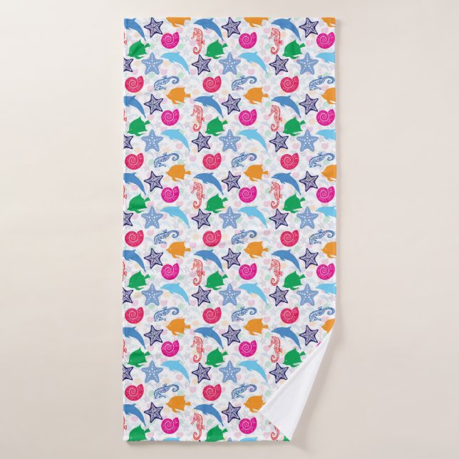 Colourful Sea Animals Illustration Pattern Bath Towel (Bath Towel)