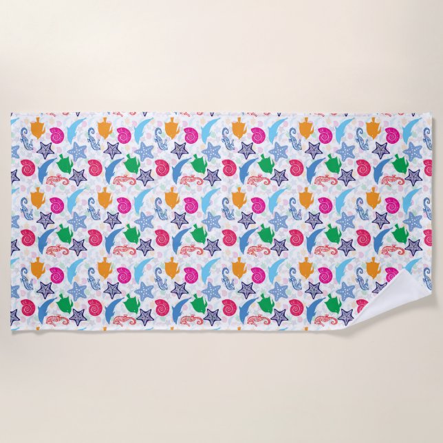 Colourful Sea Animals Illustration Pattern Beach Towel (Front)
