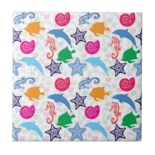Colourful Sea Animals Illustration Pattern Ceramic Tile
