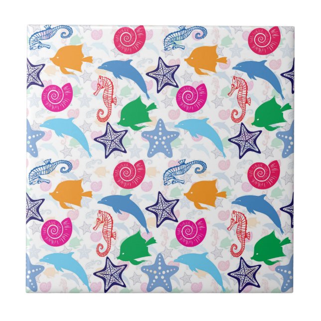 Colourful Sea Animals Illustration Pattern Ceramic Tile (Front)
