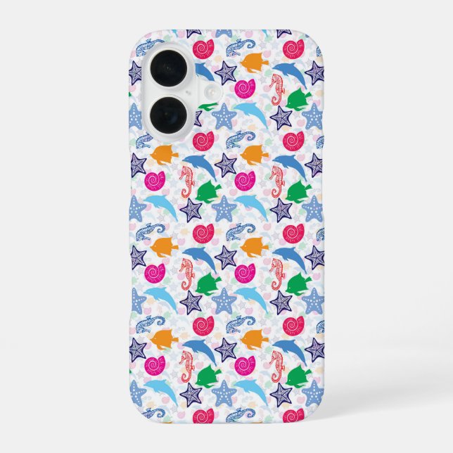 Colourful Sea Animals Illustration Pattern iPhone 16 Case (Back)