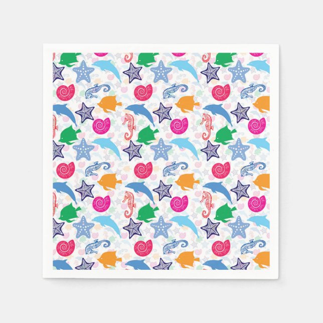 Colourful Sea Animals Illustration Pattern Napkin (Front)