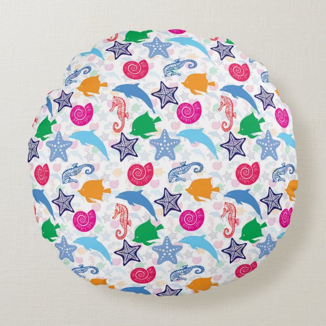 Colourful Sea Animals Illustration Pattern Round Cushion (Front)
