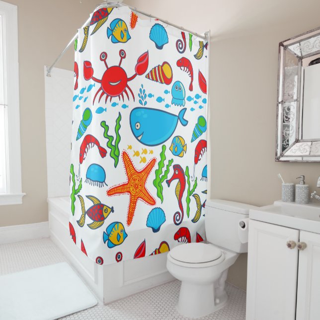 Colourful Sea Animals Pattern Shower Curtain (In Situ)
